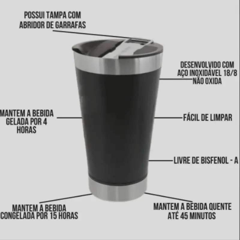 Copo Térmico 473ml com Abridor Inox Bebidas Quentes e Geladas