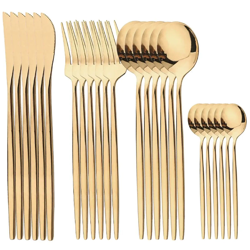 Conjunto de talher luxo ouro com 24 peças Facas, garfos, colheres, talheres. Elegância à Mesa