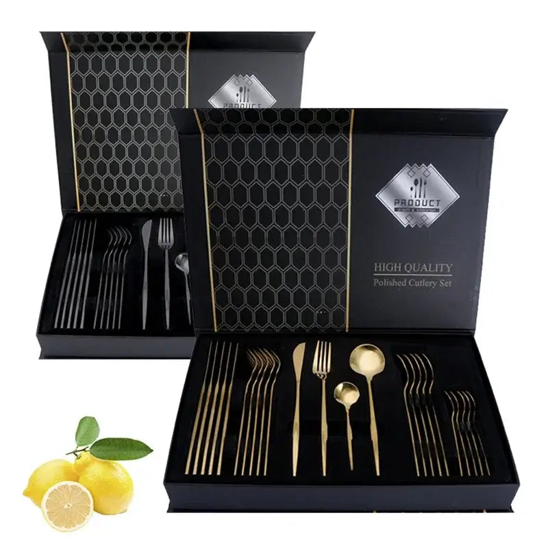 Conjunto de talher luxo ouro com 24 peças Facas, garfos, colheres, talheres. Elegância à Mesa
