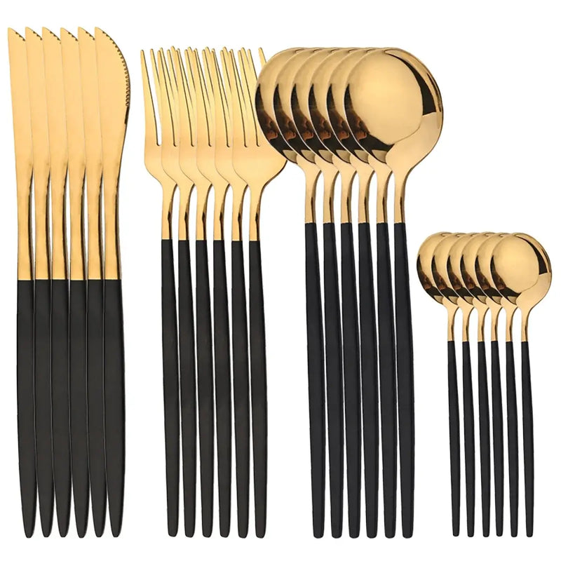 Conjunto de talher luxo ouro com 24 peças Facas, garfos, colheres, talheres. Elegância à Mesa